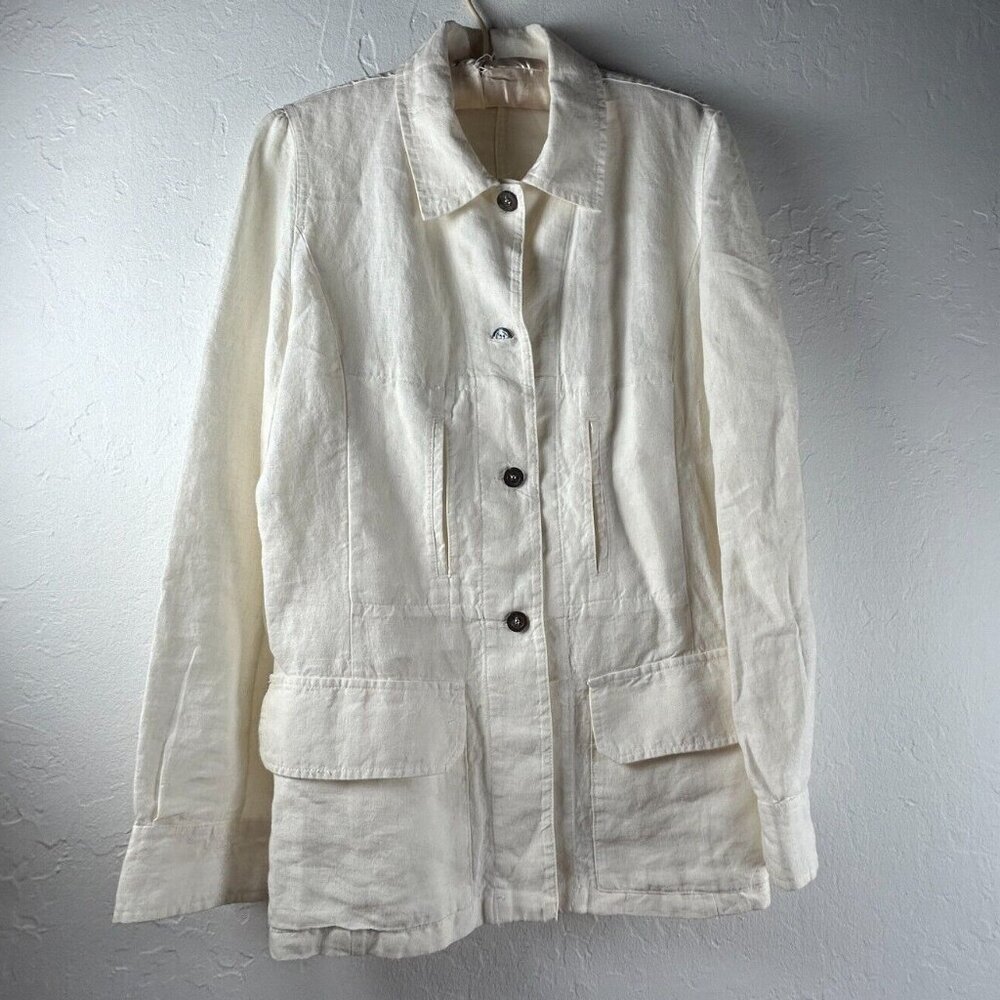 Victoire Womens 100% Linen Button Front Basic Jacket Size 38 Ivory Lightweight